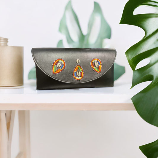 Black leather clutch